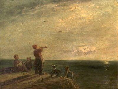 Marina con figuras y perro, atardecer de William Collins